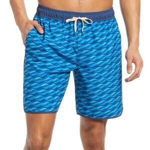 NWT Fair Harbour Anchor Palm Print Swim Trunks In Blue Art Waves